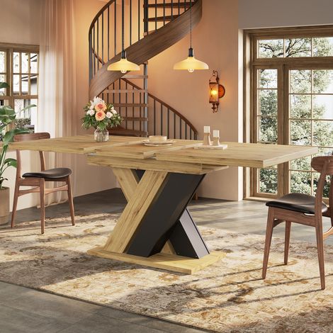 Mesa de comedor extensible 119-158,5x80x75 cm negra de MDF con almacenaje y patas en X (1/5)