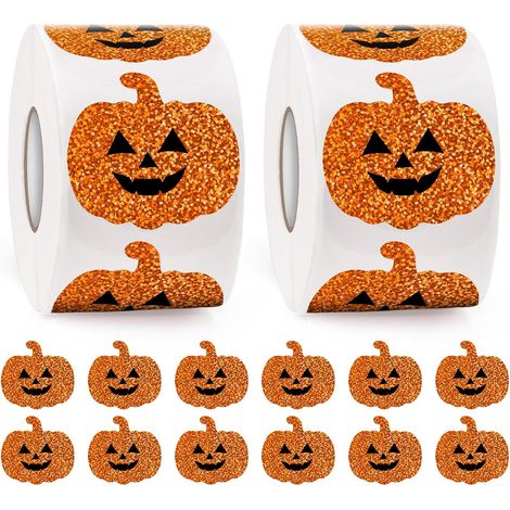 Autocollants d'Halloween - 500 autocollants/rouleau (2 rouleaux) - Décorations citrouille de 3,8 cm - Autocollants adhésifs (1/5)