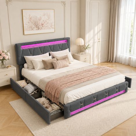 Lit coffre 140 x 200 cm avec bandeau lumineux LED,Lit double 140 x 200 cm avec quatre grands tiroirs,Tête de lit rembourrée et réglable en hauteur,Lin Gris foncé (1/5)