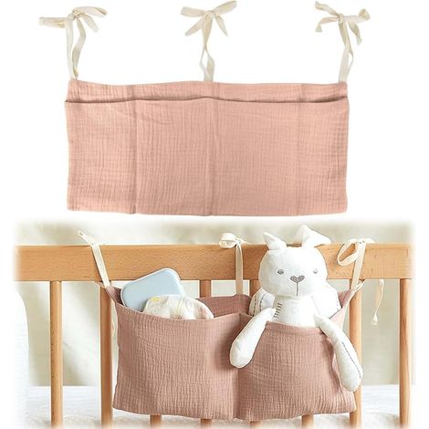 Bolsa de almacenamiento para cuna, bolsa de almacenamiento colgante, organizador de pañales colgante, cuna con 2 compartimentos, para guardar ropa, pañales y juguetes (rosa). (1/2)