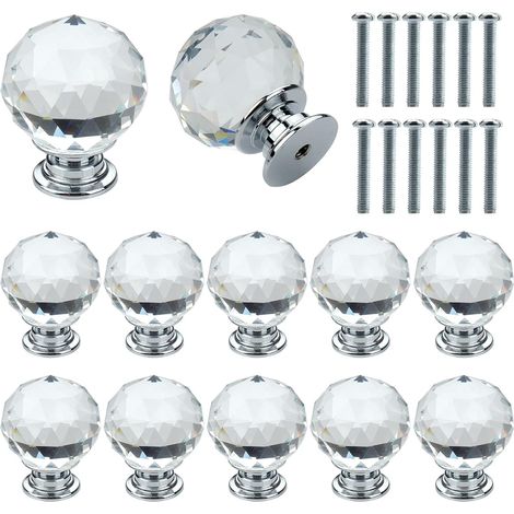 Lot de 12 poignées de porte en verre cristal transparent de 30 mm, avec vis, pour placards, tiroirs et armoires. Finition luxueuse et légère. (1/5)