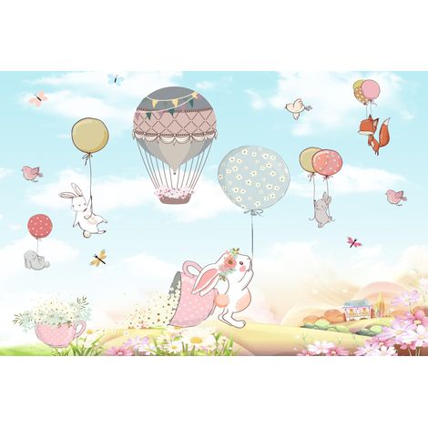 Fotomural infantil de conejitos jugando en un claro con globos DWK008 200x135 (1/5)