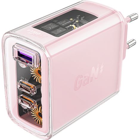 GaN 65W Wandladegerät mit 3 Anschlüssen (1x USB, 2x USB-C), Pink (1/5)