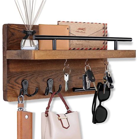Porte clés mural en bois avec cinq crochets et étagère pour accrocher vos clés et petits objets rangement pour entrée et couloir