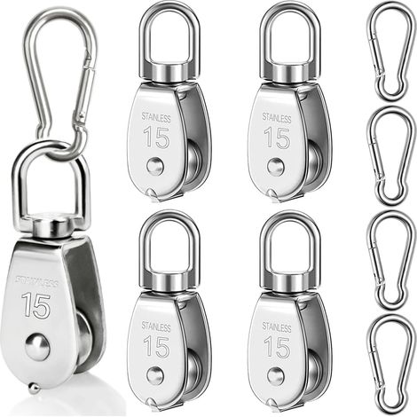 Set di 4 pulegge in acciaio inox M15 per funi, carrucola di rinvio con 4 moschettoni M6, bassa capacità di carico di 35 kg per vele ombreggianti, attrezzature fitness, argani.