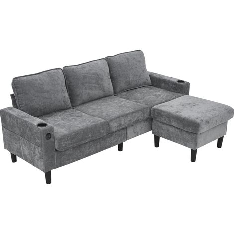 ELVMI Divano ad Angolo con USB, Porta USB-C, 2 Portabicchieri e Poggiapiedi Modulare, in Lino Grigio, 202 × 137 × 80 cm (1/5)