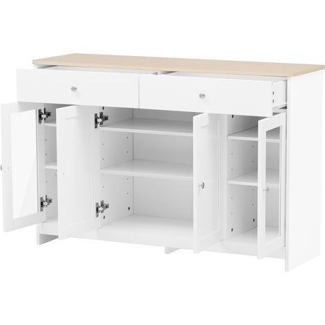 Buffet avec veinage bois blanc, quatre portes, deux tiroirs et porte vitrée, salon et salle à manger, bois et blanc (1/5)