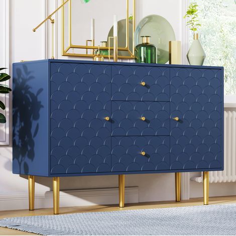 FLORAGRACE Commode 120 x 40 x 83 cm en métal bleu foncé buffet 2 portes 3 tiroirs, plateau texturé (1/5)