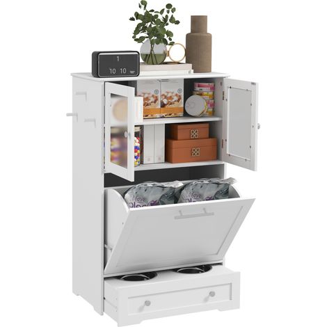 Dog Feeding Station with 2 Storage Cabinets, 2 Elevated Bowls, Side Hooks, Anti-tip Kit for Water and Feeding Supplies
