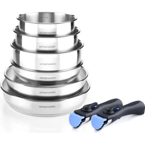 ARTHUR MARTIN AM5538 - Batterie de cuisine 8 pieces Inox : 3 poeles, 3 casseroles, 2 poignées - Tous feux dont induction