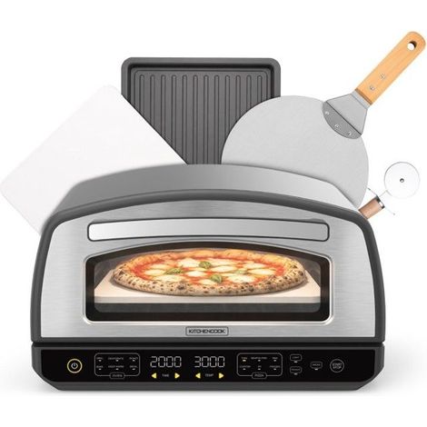 Kitchencook - Forno per Pizza - 2000w - Fino a 450°c - 12 Programmi - Piastra di Cottura in Smalto, Paletta e Tagliapizza in Inox