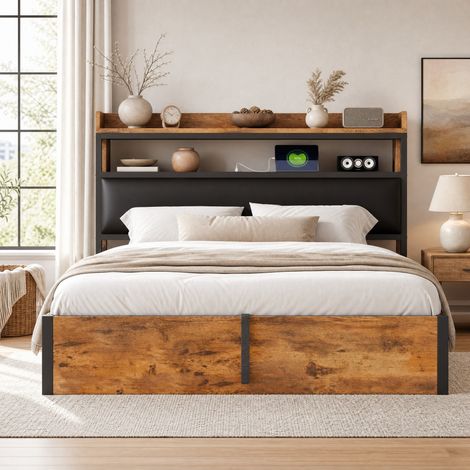 Bettgestell 180x200 cm Schwarz aus Holz und Metall mit hydraulischem Stauraum, USB und gepolstertem Kopfteil (1/5)