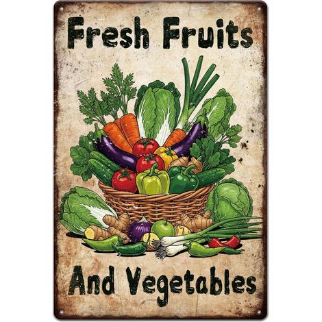 Plaque en étain métallique de fruits et légumes 20x30 cm "Fresh Fruits And Vegetables" (Fruits et légumes frais), Peinture en étain vintage, Plaques, Affiche murale, Plaque pour la décoration murale d (1/5)
