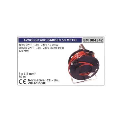 Kabeltrommel 50m Stecker 2-polig+Erde 16A 230V 1 Schuko-Steckdose 2-polig+Erde 16A 230V