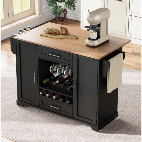 Carrito de cocina 138x45(70)x92 cm negro/natural con encimera abatible, botellero y ruedas (1/5)