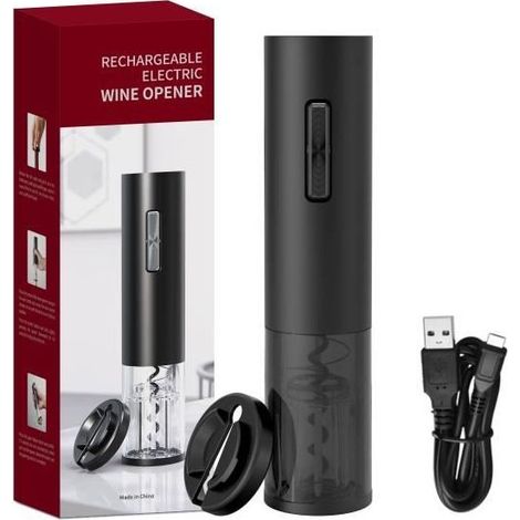 Tire Bouchon Électrique ,Ouvre Bouteille pour Vin Rechargeable Aluminium Sans Fil avec Câble de Recharge USB et Coupe-Capsule,Noir (1/4)