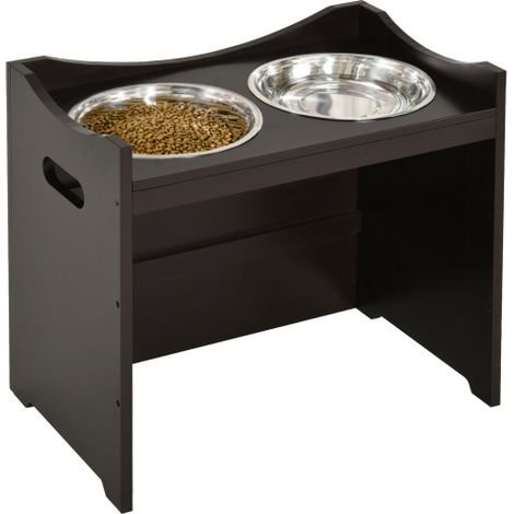 Stazione di alimentazione per cani regolabile in altezza con ciotola in acciaio inox, adatta a cani e gatti, realizzata in pannello di fibra a media densità, marrone scuro, dimensioni: 54x31,5x47 cm, (1/5)