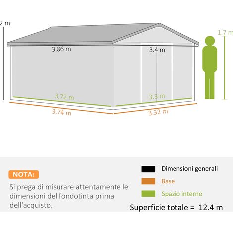 Abri de jardin de 12,4 m² en acier galvanisé (kit de base, ventilation, toit incliné, double porte coulissante verrouillable, abri à outils, gris) (1/5)