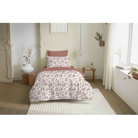 Pack complet housse de couette réversible 140 x 200 cm – Drap housse 90 x 190 cm – 100% coton – LOUISON Abricot