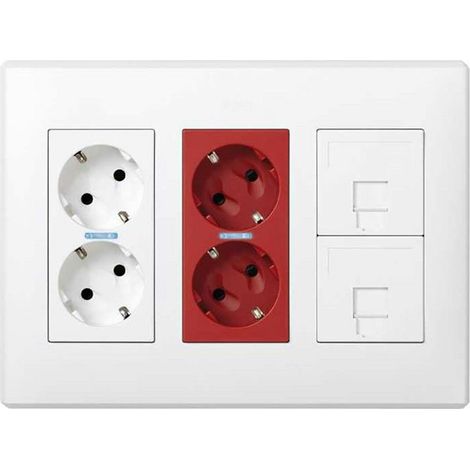 Custodia Simon 500 Cima con 6 meccanismi, 2 Schuko bianchi + 2 Schuko rossi + 2 Rj45, a incasso o a superficie. Bianco
