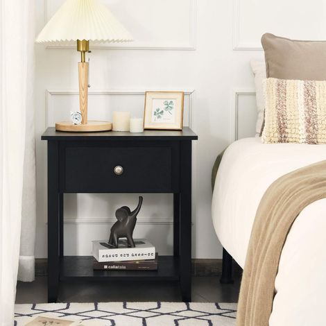 Narrow Accent Table Side End Table with 1 Drawer & Open Storage Shelf & Solid Pine Wood Legs Black (1/5)