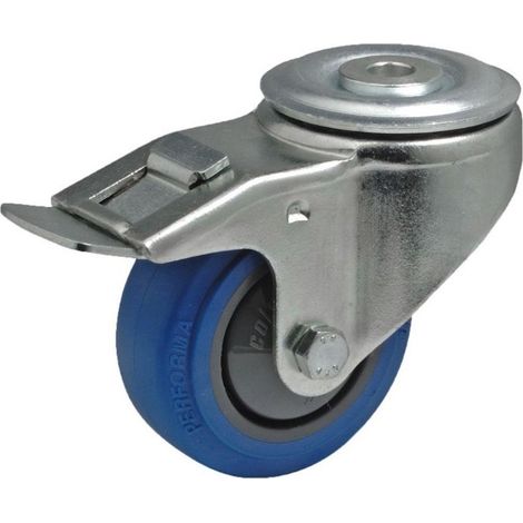 Roulette à oeil pivotante à frein diamètre 80 mm roue caoutchouc élastique bleu roulement à billes - 100 Kg