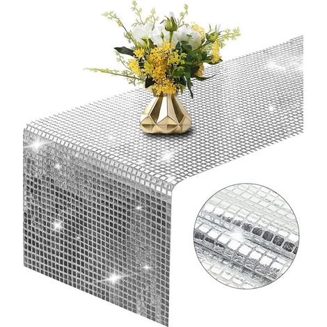 Chemin de Table Disco,275 X 30 cm Chemin de Table Argenté Paillettes,Nappe à Paillettes Argentées Chemin,pour Vintage 70 'S 80' S Disco Party Decor,Noël,Anniversaire,Mariage,Restaurants (1/5)