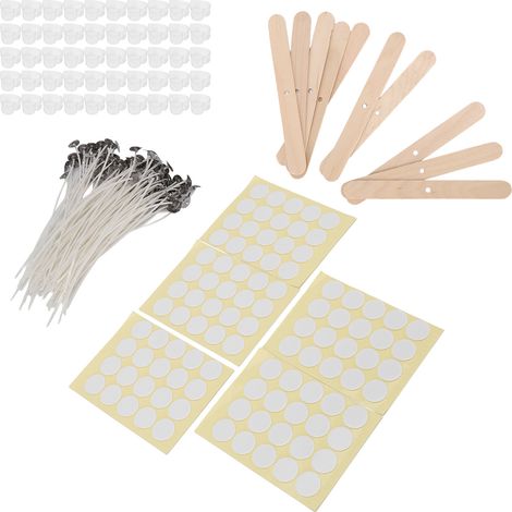 100 Stück 15 cm Kerzendochte, 100 Stück doppelseitige Dochtaufkleber, 50 Stück Kerzenhülsen, 10 Stück Dochthalter aus Holz (mit gelbem, herzförmigem Kunststoffaufkleber am Boden) (1/5)