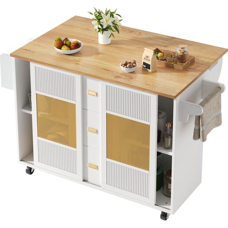 Ilot central de cuisine extensible Blanc,Desserte Cuisine avec 2 portes,3 tiroirs,sur roulettes,146.85x42(70)x90cm (1/5)