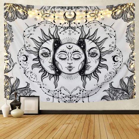 SABIR Dremisland Tarot Tapisserie Murale Mandala Indien Bohémien Psychédélique Tapisseries Noir Blanc Lune et Soleil Tenture Murale Drap Décoration Mural pour Chambre Salon Dortoir  (Blanc, L / 150x20 (1/5)