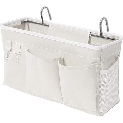 Organizer da letto con ganci, borsa da appendere per letto a castello, ideale per riporre libri, riviste, cellulari e cuffie (bianco).