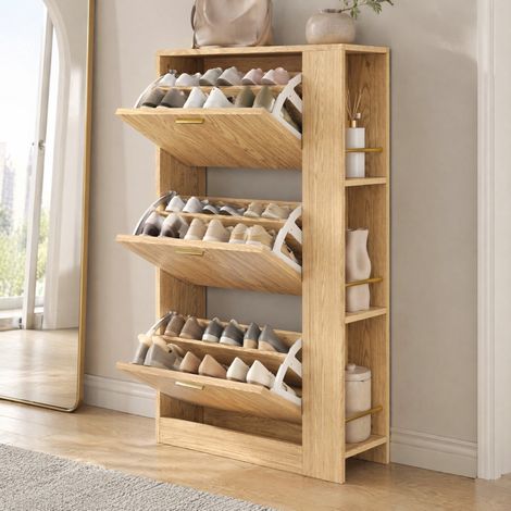 Mobile portascarpe moderno in MDF naturale, 3 ante, ripiani aperti, 70 x 23,5 x 115 cm (1/5)