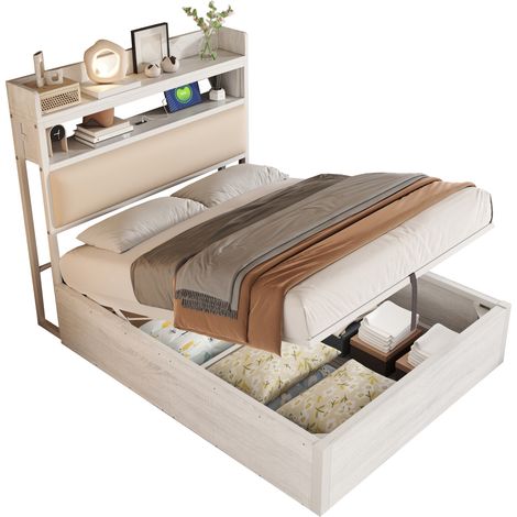 Lit Coffre Simple avec USB, Rangement Tête de Lit et Vérins Hydrauliques 90 x 200 cm, sans Matelas, Blanc (1/5)