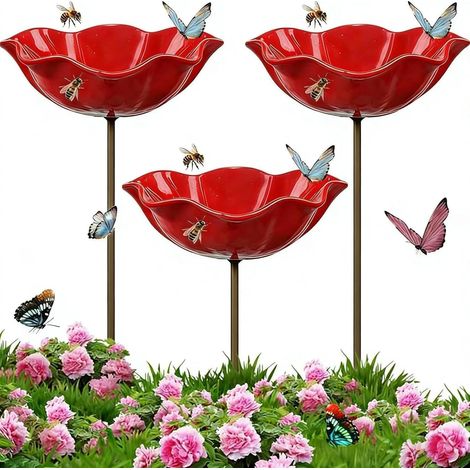 Bain Oiseaux Artisanal Fleur, 15X60CM Station Abreuvement Abeilles pour Jardin, Bain Oiseaux Décoratif Métal Motif Fleurs pour Jardin, Mangeoire Oiseauxs Résistante Intempéries Fleurs (3) (1/5)