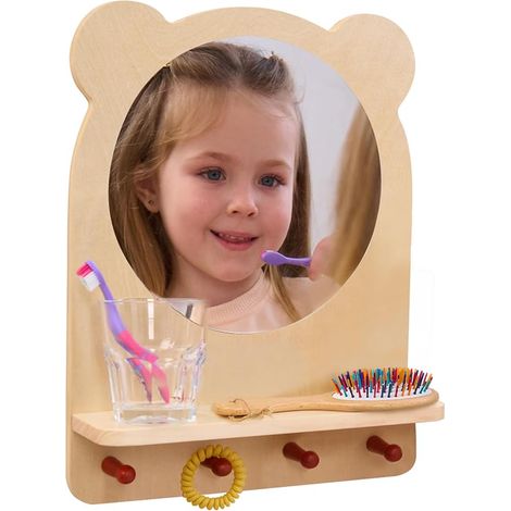 Toddler Self Care Station Shelf with Hooks and Mirror Bathroom Station Mirror with Shelf and Hooks Bathroom Organizer for Kids (1/5)