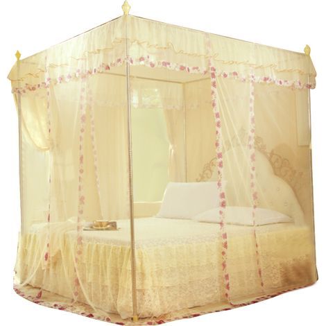 Lit princesse de luxe avec 3 ouvertures latérales, voile de lit en filet anti-moustique, literie jaune taille S (1/5)