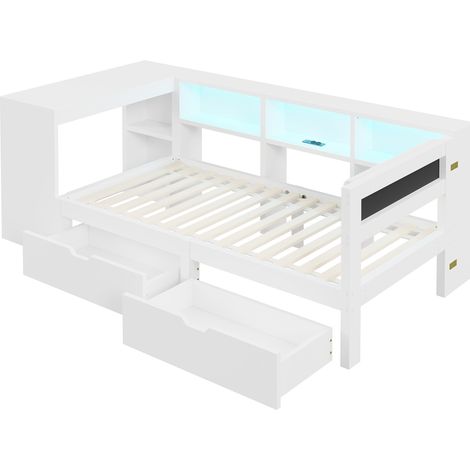 Letto piattaforma 90x200 cm bianco con contenitore, prese USB, LED e testiera imbottita (1/5)