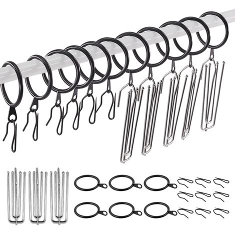 Pack of 120 black metal curtain rings, 3.4 cm - 30 mm, with 4-prong stainless steel hooks for pleated clips and pin hooks for window curtains, shower (1/5)