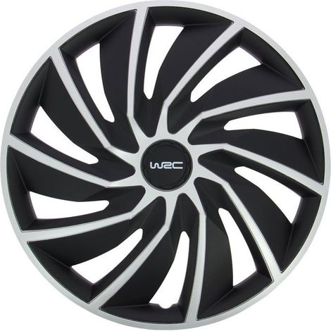 Set di 4 coprimozzi bicolore grigio e nero 15 pollici - WRC - TURBO - Look racing - Fissaggio semplice e rapido con clip