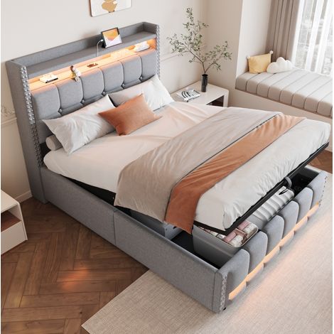 Polsterbett Leinenstoff Hellgrau 140x200 cm mit Stauraum, LED-Beleuchtung, USB-Steckdose und Lattenrost (1/5)