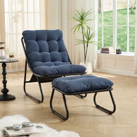 Chaise longue - SOGEU - Ottoman - Cadre acier noir - Coussin velours côtelé bleu marine - Repose-pieds (1/5)