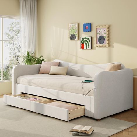 Lit banquette 90x200 cm extensible 180x200 cm, canapé-lit avec 2 tiroirs, sommier à lattes inclus, USB et USB-C, velours beige, sans matelas (1/5)