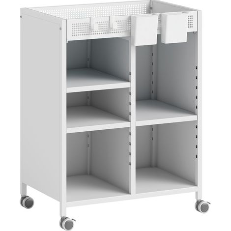 Estantería con ruedas de 4 niveles en metal blanco con cestas colgantes y baldas regulables (1/4)