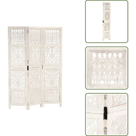 The Living Store Biombo 3 paneles tallado a mano madera mango blanco 120x165 cm - Biombo de madera maciza