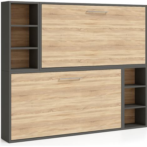 Lit escamotable superposé horizontal 2 couchages 90x190 avec étagères Binka-Coffrage Gris ciment-Façade Blanche (1/5)