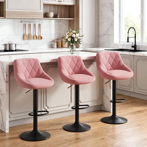 Lot de 3 Tabouret de bar WOLTU, siège en velours, tabourets de Cuisine Hauteur réglable pieds en métal, Rose (1/5)