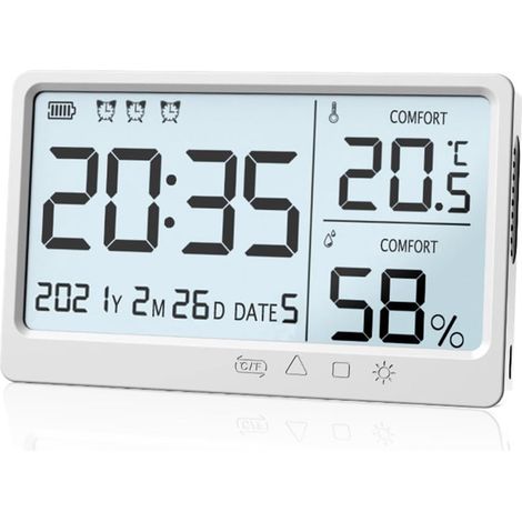 Thermometre Hygrometre Digital - Ecran LCD - 8 Fonctions - Rechargeable USB - Horloge et Calendrier - Support Debout ou Mural - 1 Piece (1/5)