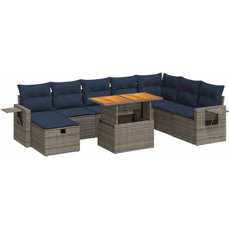 vidaXL Set Divano da Giardino 9pz con Cuscini Grigio Polyrattan Acacia (1/5)