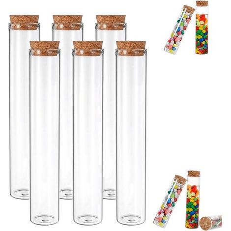 Lot de 6 tubes à essai avec bouchon en liège (22 mm de diamètre), en verre, avec flacon doseur et flacon à bouchon hermétique. Tubes à essai en verre de 25 ml (10 cm de hauteur). Flacon et récipient p (1/5)