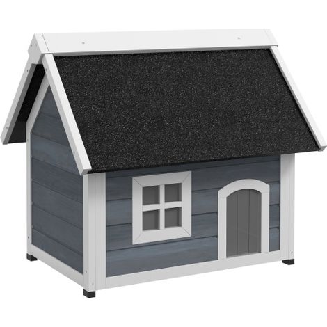 Cuccia/gattaiola in legno con tetto incernierato in asfalto, resistente alle intemperie, con finestre, 3 porte, 77 x 57,5 x 68 cm, grigia, spedizione in loco. (1/5)